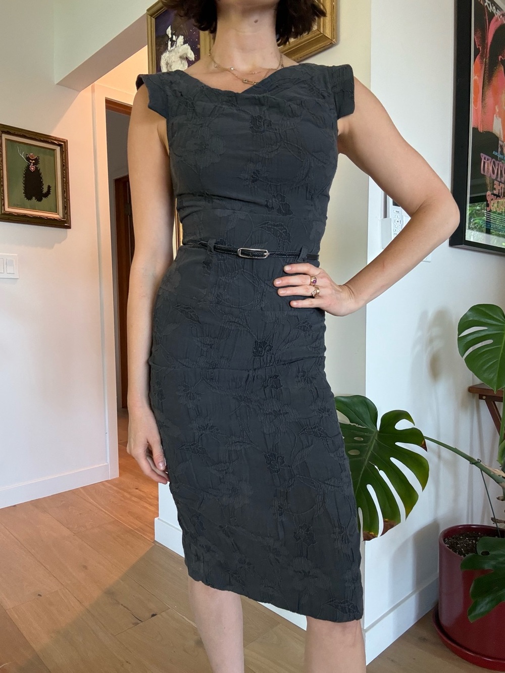 Black Halo embroidered floral dress with belt.
